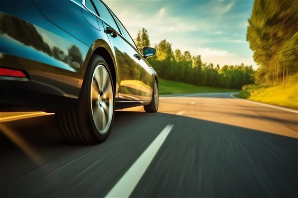 黒い車が自然豊かな車道を走っています