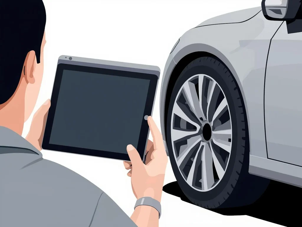 タイヤスコープを使用して、タイヤの空気圧をタブレットで確認しているイラスト