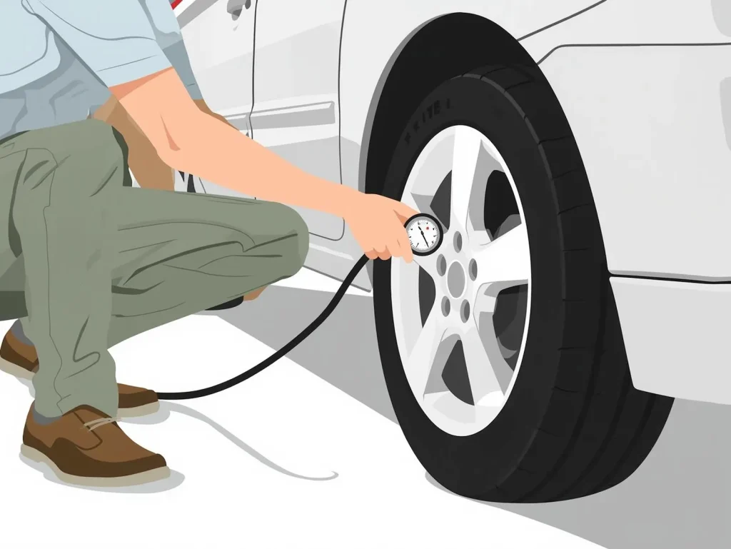 タイヤの空気圧を手作業で計測しているイラスト