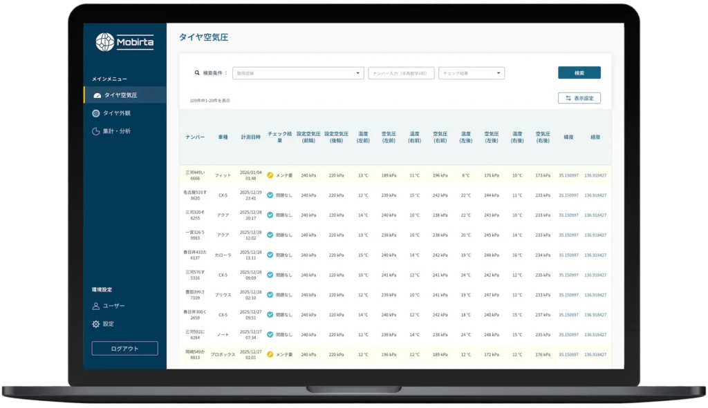 タイヤスコープのWebデバイス画面