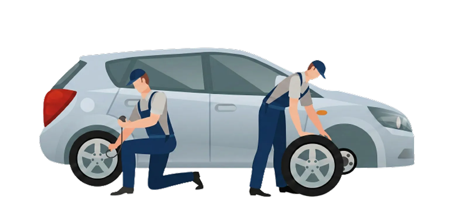 作業員がタイヤの点検・メンテナンスをしているイラスト